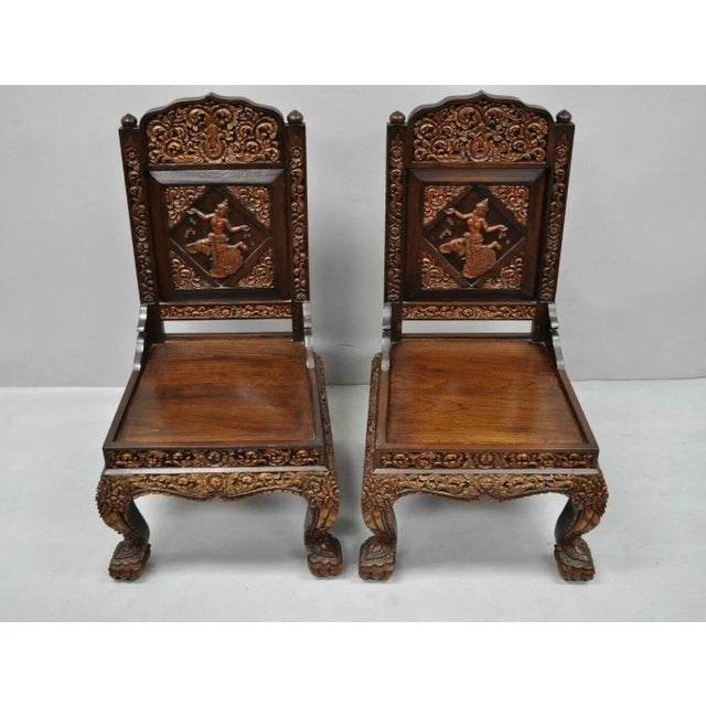 Late 20th Century Vintage Chinoiserie Thai Oriental Carved Teak Wood Dining Side Chairs - A Pair For Sale - Image 5 of 12