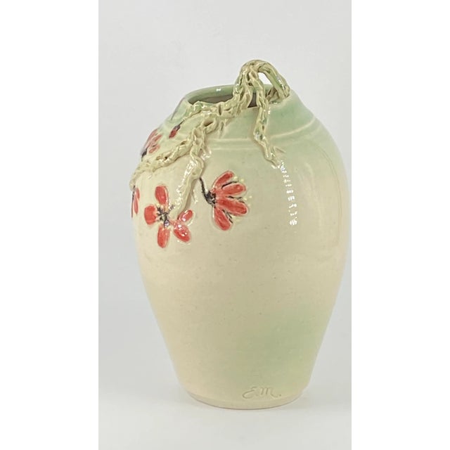 Contemporary Vintage Studio Pottery Vase With Flower Blossoms & Applied Relief Branch Signed E. M. For Sale - Image 3 of 11