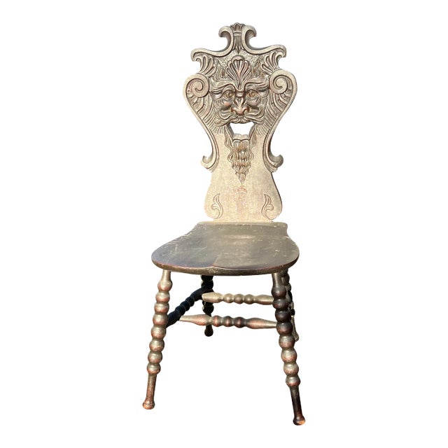 Late 19th Century Antique Gothic Medieval Wood Carved Face Chair For Sale