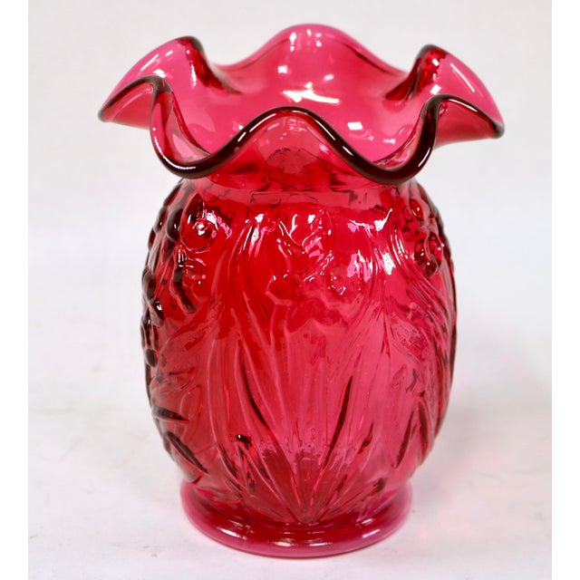 American Vintage Fenton "Country Cranberry" Art Glass Ruffled Daffodil Vase For Sale - Image 3 of 9
