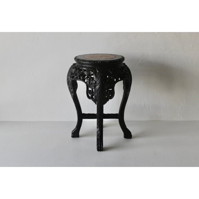 Asian Carved Rosewood Style Wood Stool Plant Stand With Inset Marble Top Vintage Mid-Century For Sale - Image 10 of 17
