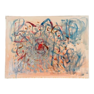 1970s Abstraction. Blue and Peach- Mixed Media Painting on Canvas Signed For Sale