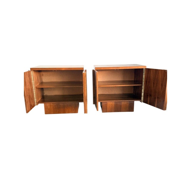 Mid 20th Century Pair of Mid Century Modern Walnut Nightstands, Canadian Made Two Door Bedside Cabinets For Sale - Image 5 of 16