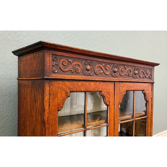 Antique English Bookcase Bookshelf Cabinet Double Door Wavy Glass Oak c.1930s For Sale - Image 11 of 17