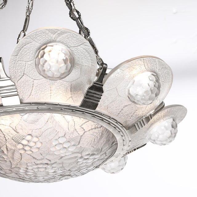 1930s Art Deco Frosted Glass Chandelier With Stylized Cubist Floral Motif For Sale - Image 4 of 18