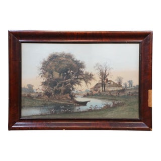 Antique Ernest Christian Rost Country Farmhouse River Canoe Landscape Etching For Sale