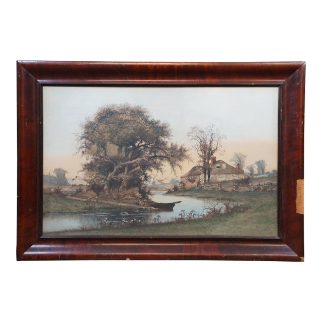 Antique Ernest Christian Rost Country Farmhouse River Canoe Landscape Etching For Sale
