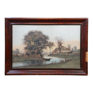 Antique Ernest Christian Rost Country Farmhouse River Canoe Landscape Etching