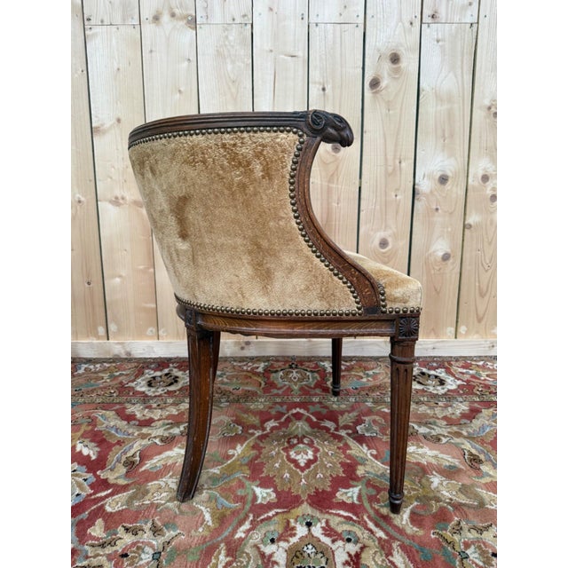 Louis XVI Style Barrel-Shaped Wood, Velvet, Brass Desk Chair with Ram's Heads, 1890s For Sale - Image 4 of 8
