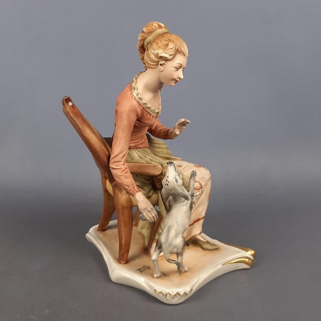 White Vintage Biscuit Ceramic Sculpture of Woman Sitting with Dog from Capodimonte, 1960s For Sale - Image 8 of 18