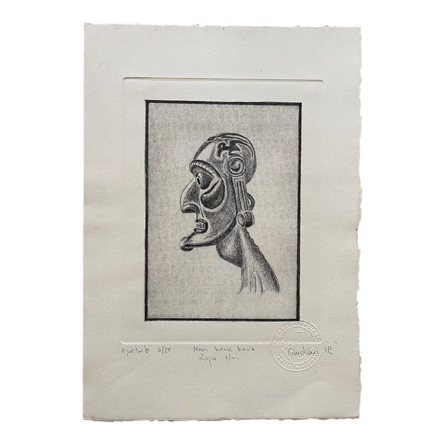 20th Century Easter Island “Moai Kavakava” Profile Etching by Rapa Nui Artist Ricardo Candiani For Sale
