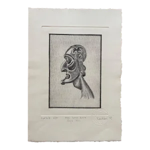 20th Century Easter Island “Moai Kavakava” Profile Etching by Rapa Nui Artist Ricardo Candiani