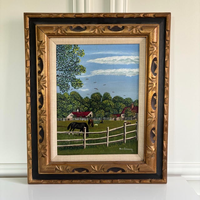 Farmhouse Mid 20th Century Signed American Folk Art Horse Farm Landscape Oil on Canvas Framed Painting For Sale - Image 3 of 11