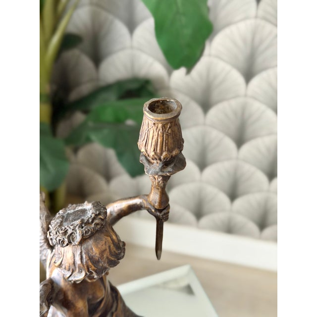 Antique Art Nouveau Brass Bronze Cherub Cupid Angel Candlestick Holder Sculptures - A Pair For Sale - Image 16 of 18