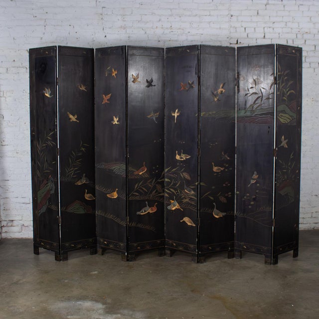 Chinese 8 Panel Black Coromandel Folding Screen W/Gilded & Hand Painted Intaglio Designs For Sale - Image 14 of 18