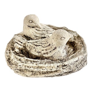 Vintage Concrete Bird Nest Garden Sculpture, Cast Stone Sparrow Planter or Birdbath Accent For Sale
