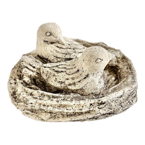 Vintage Concrete Bird Nest Garden Sculpture, Cast Stone Sparrow Planter or Birdbath Accent