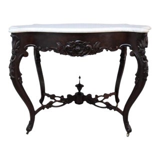 Oversized Rococo Revival Floral Carved Walnut Marble Turtle Top Table C1890 For Sale