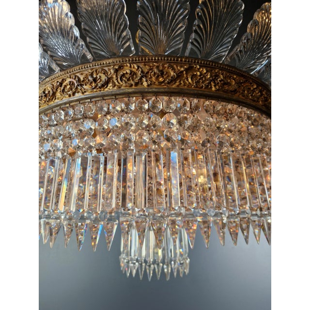 1930s Art Nouveau Big Leaf Plafonnier Crystal Brass Lustre Chandelier For Sale - Image 9 of 11
