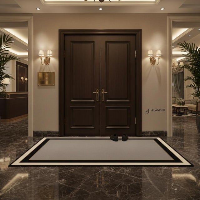 Hand-Tufted Ivory & Black Border Wool Rug With Viscose Golden Outline For Sale - Image 4 of 11