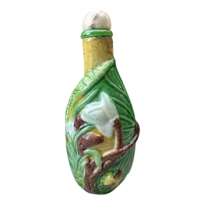 Original 19th Century Chinese Majolica Snuff Bottle Figural Lotus Flower & Ladybug With Spoon Stopper