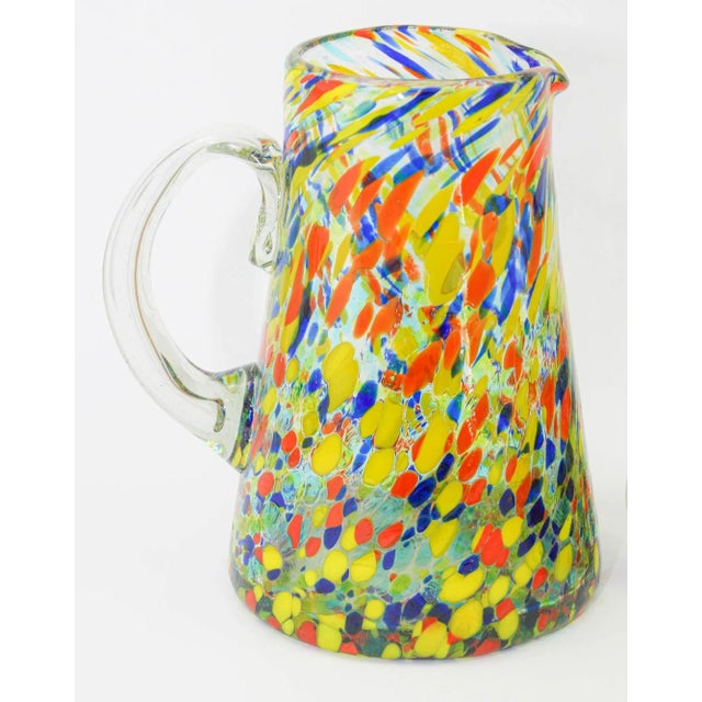 Hand Blown Multicolor Italian Murano Style Art Glass Jug Pitcher and Glasses. Post Modern Pitcher and Glasses Set of...