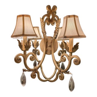 Pair Kalco Gold Gilt Crystal Two- Light Wall Sconces With Original Shades For Sale