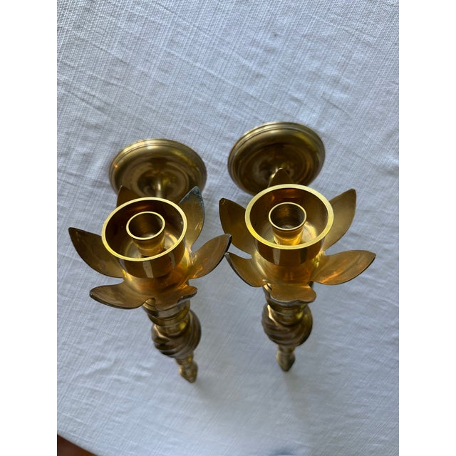 Metal Vintage Solid Brass Lotus Flower Wall Sconces — Pair For Sale - Image 7 of 8