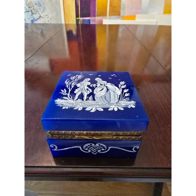 1910s Antique Blue Opaline Jewel Box With Enamel Love Scene For Sale - Image 10 of 11