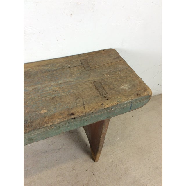 Antique Primitive Farmhouse Wood Bench With Chippy Paint Patina For Sale In Philadelphia - Image 6 of 18