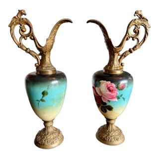 Victorian Austrian Hand Painted Ewers Pair-Griffin-Green Man-Bronze-Antique-Rose For Sale