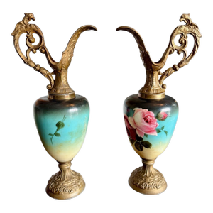 Victorian Austrian Hand Painted Ewers Pair-Griffin-Green Man-Bronze-Antique-Rose
