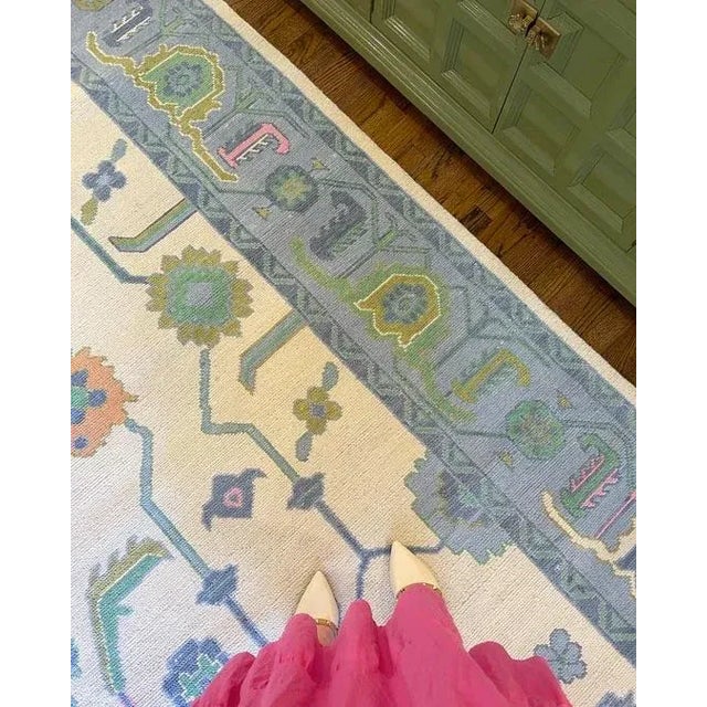 Modern Handknotted Oushak Rug in Periwinkle with Pops of Orange, Pink & Green, 5' x 7' For Sale - Image 4 of 6