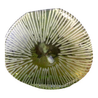 Vintage Mid-Century Modern 1970s Etched Oblong Green Glass Vase For Sale