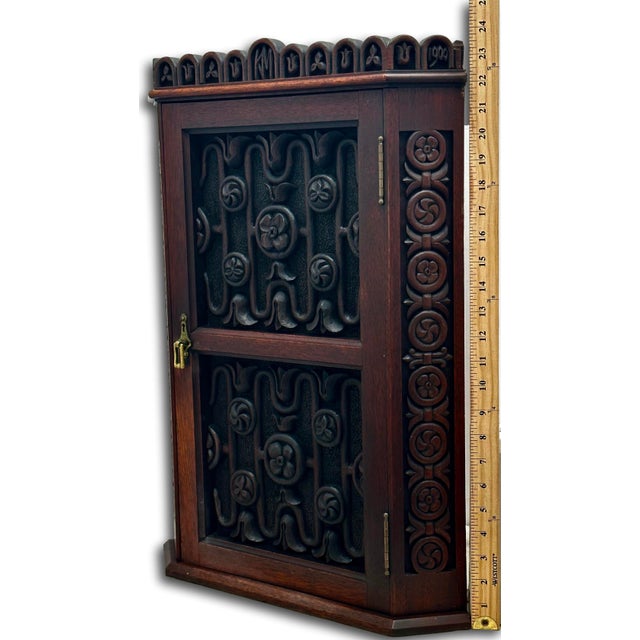 Outstanding Antique Beautifully Hand Carved Solid Mahogany Wall Hanging Corner Cabinet - Signed & Dated 1900 For Sale - Image 15 of 18