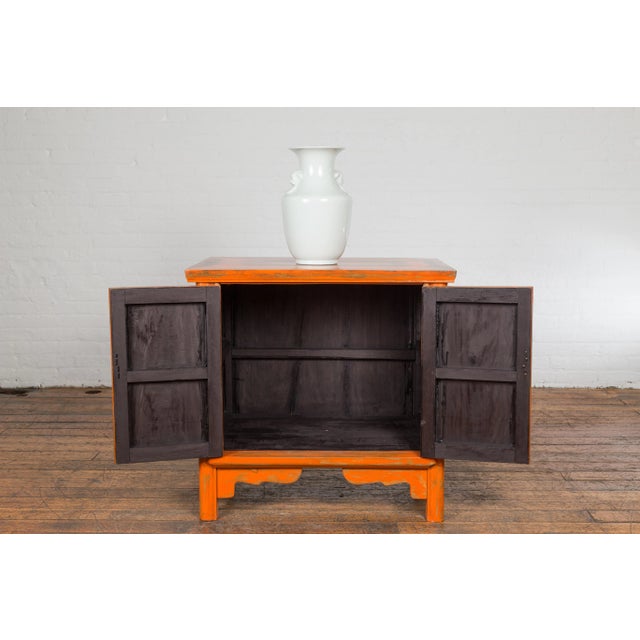 Chinese Late Qing Dynasty Elm Side Cabinet with Custom Orange Lacquer For Sale - Image 4 of 13