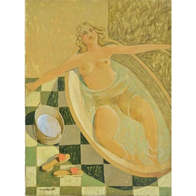 Modern Alberto Gallerati, In the Bathroom, Oil Painting, 1970s For Sale - Image 3 of 3