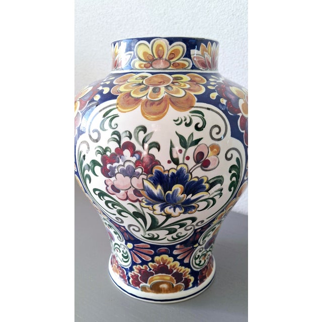 Set of Three Handworked Polychrome Boch Faience Vases, Premium Belgian Garniture Set For Sale - Image 9 of 11