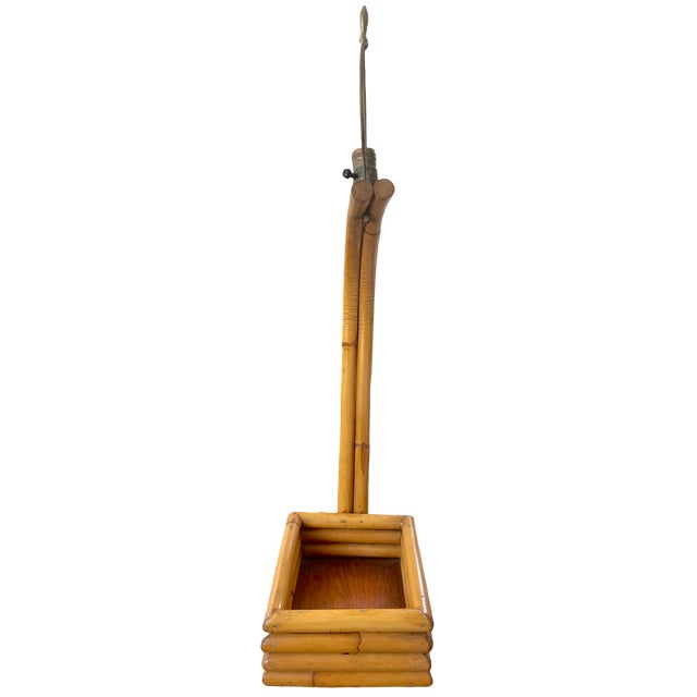 Tan Vintage Large Bent Bamboo Table Lamp With Woven Shade, 31" Tall French Provincial Coastal Style For Sale - Image 8 of 17
