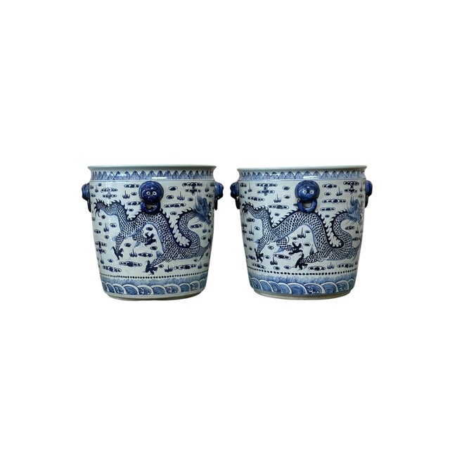 Chinoiserie Contemporary Large Chinoiserie Coastal Blue & White Planters - A Pair For Sale - Image 3 of 8