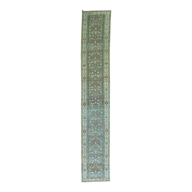 Early 20th Century Blue Green Antique Persian Malayer Long Runner For Sale