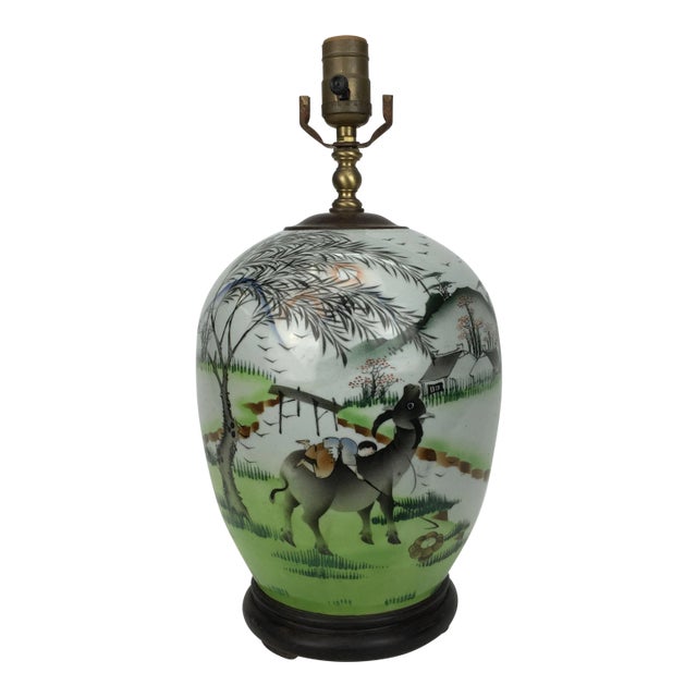 20th Century Chinese Pasture Scene Painted Porcelain Lamp For Sale