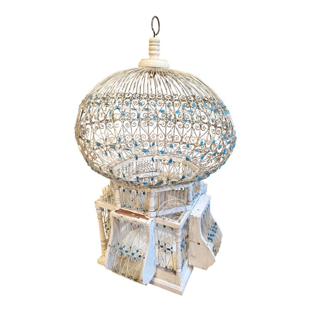 Vintage 1960’s Tunisian/ Morrocan Balloon Bird Cage White W Blue Accent— Beautiful For Sale