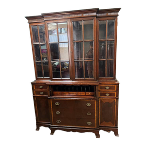 Early 20th Century Georgian Period Mahogany Inlaid Breakfront Bookcase With Secretary Desk With Key