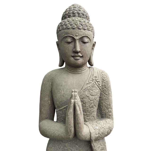 Asian Vintage Asian Stone Carved Standing Garden Buddha Statue For Sale - Image 3 of 7