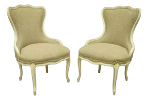 Mid 20th Century Vintage French Provincial Louis XV Cream Blue Boudoir Slipper Chairs - A Pair