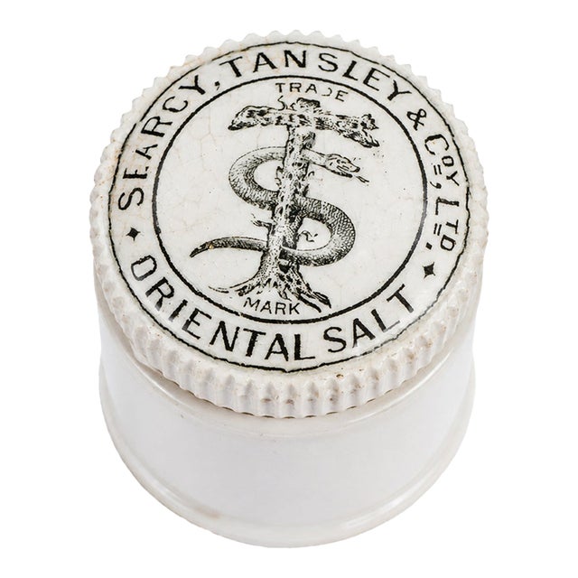 Neat Victorian Antique Porcelain Pot Lidded Jar Searcy, Tansley and Co.'s Celery Salt Advertising Kitchen Cooking Home Decor For Sale