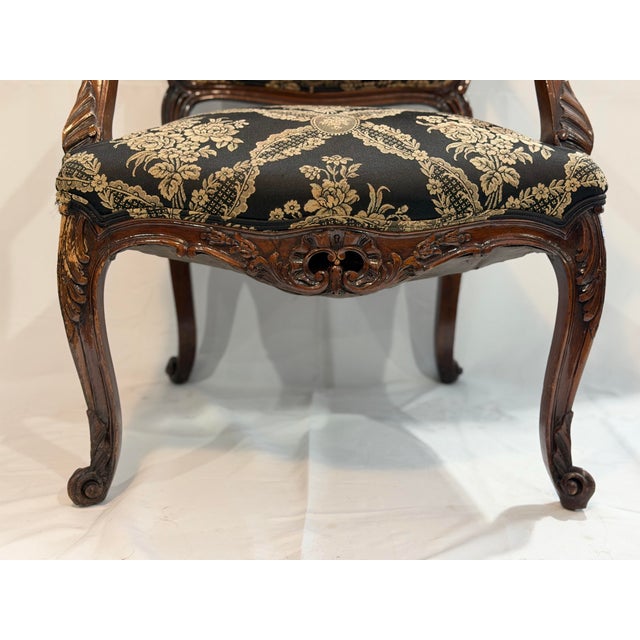 Black Vintage Louis XV Style Hand Carved Walnut Armchair With Black and Gold Damask Upholstery For Sale - Image 8 of 10