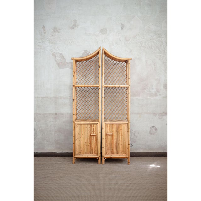 Modular Pagoda-Style Bamboo Bookcase – 1970s Bookcase composed of two separate modules crafted in natural bamboo....