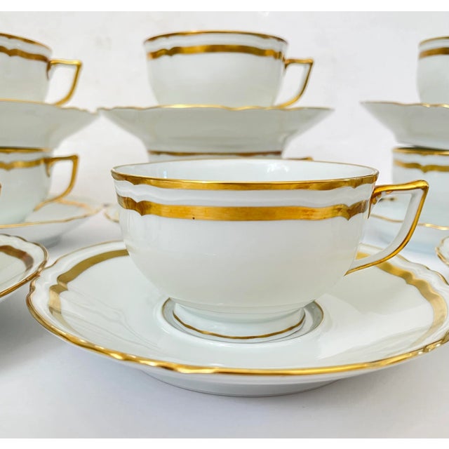 Late 20th Century Set of 12 Ceralene Raynaud Limoges Marie Antoinette Gold and White Cups & Saucers For Sale - Image 5 of 8
